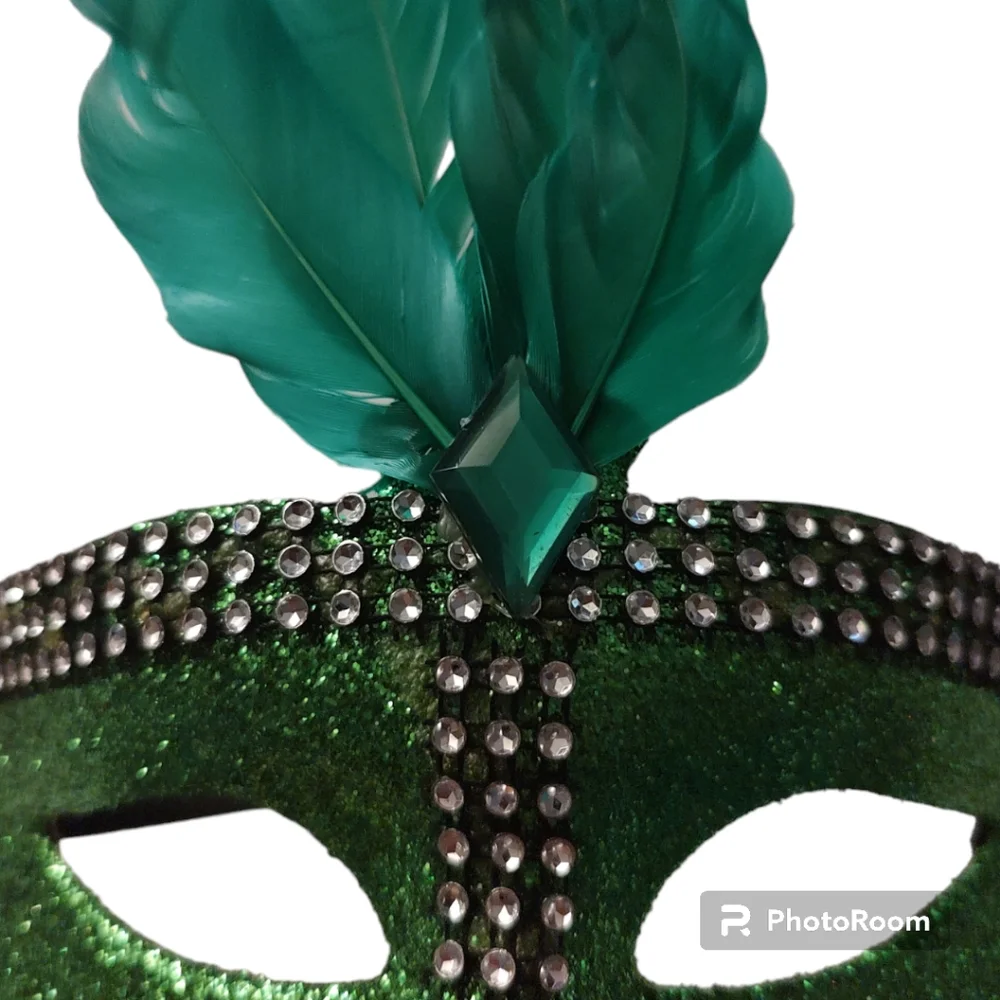 Emerald Green Masquerade Mask Rhinestone and Feather Peacock Style Venetian Gala